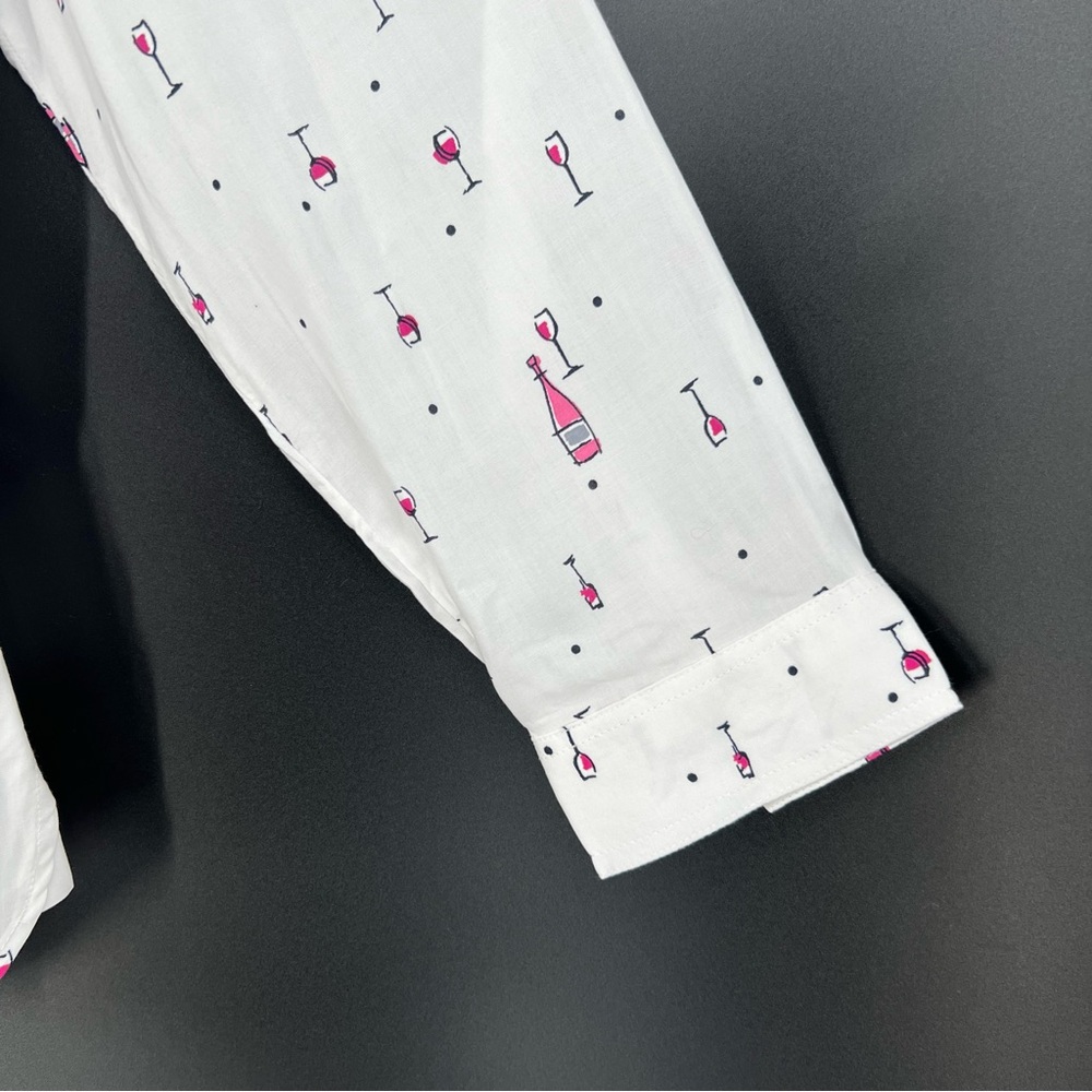Beach Lunch Lounge Womens Top Wine Theme Print Long Roll Tab Sleeve Button Up - Picture 6 of 14
